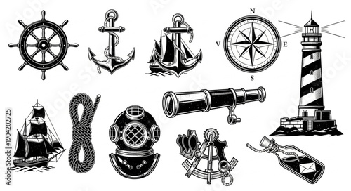 Nautical objects and symbols collection vintage illustration.