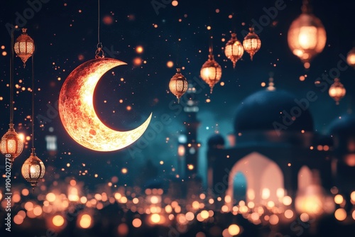 Glowing crescent moon illuminates ornate lanterns suspended against a dark night sky above a city silhouette