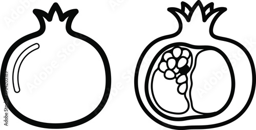 Illustration of a whole pomegranate and a cut-open pomegranate showing seeds inside, simple line art