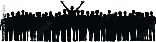 Large crowd silhouettes with leader raising arms, team leadership concept, unity motivation success community power, black vector illustration isolated white background inspiration people