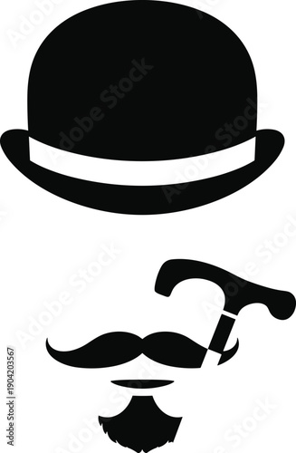 Black silhouette gentleman emblem with bowler hat, curled mustache, goatee, cane design icon, vintage fashion illustration graphic art