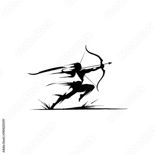 Silhouette of a running archer with bow drawn across a grassy field in dynamic motion.