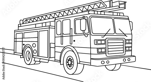 Detailed side-perspective fire truck vector illustration with ladder, hoses, cab, wheels, emergency lights, grille and compartments, editable scalable outline for transport design