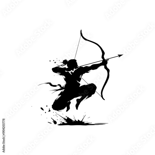 Dynamic silhouette archer in outdoor archery pose with bow and arrow.
