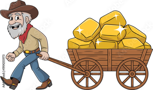 Old gold miner pulling wooden cart full of shiny gold bars, cartoon treasure mining illustration