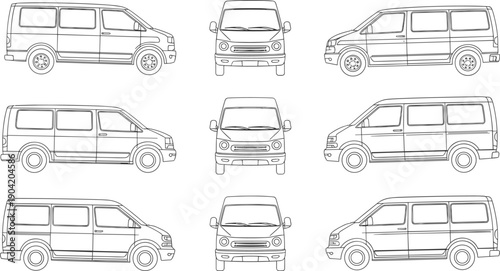 Set of passenger van outlines in clean vector line art, front and side views, minivan and cargo van designs, transport vehicle templates, editable scalable graphics