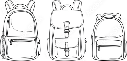 Set of three stylish school and travel backpacks in clean vector line art, front and flap views, pockets, straps, zippers, modern minimalist design