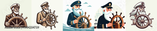 Vector Illustration of a Elderly Captain Holding the Steering Wheel of a Ship