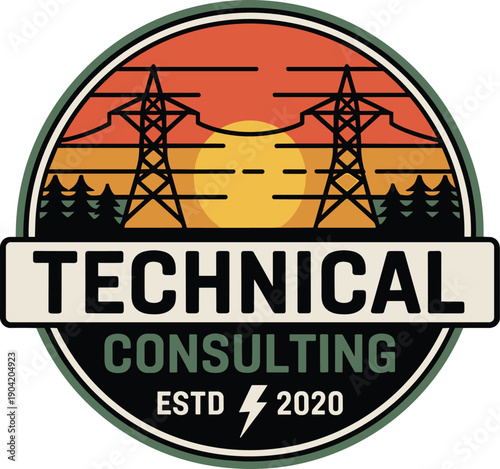 Technical consulting logo badge with power transmission towers, sunset landscape, circular emblem, professional energy brand design