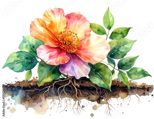 A watercolor illustration of a vibrant, multi-petaled flower with green leaves and visible roots emerging from soil
