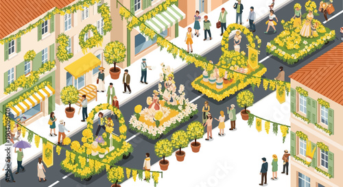 Isometric illustration of a vibrant Mimosa Festival in Mandelieu with people celebrating amidst yellow flowers and decorations in a street festival setting with a joyful atmosphere.