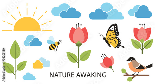 Vibrant illustration depicting nature awakening with various elements of springtime.