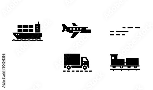SEO Title
Minimalist Freight Transport Icons Set: Sea, Air, Road, and Rail Vector Silhouettes