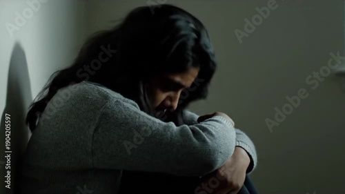 A young woman sitting alone in a dimly lit room, lost in thought and sorrow.