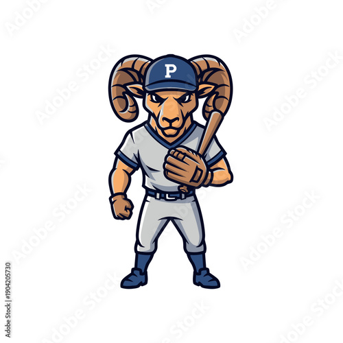 Mascot Ram Character Playing Baseball.