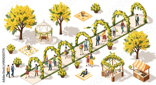 Isometric illustration of a vibrant Mimosa Festival with people celebrating amidst yellow flowers and decorations in a park in Mandelieu.