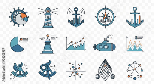 Nautical Icons Set for Marine Navigation and Business Analytics.