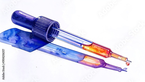 A watercolor illustration showcasing a pipette with a liquid, cast in bright and soft hues. A delicate shadow falls beneath it