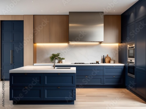 Luxury Modern Kitchen Interior with Navy Blue Cabinets and Wood Accents