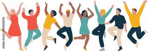 Large Group of Diverse Happy People Jumping Together in Celebration Flat Vector Illustration