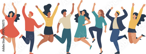 Large Group of Diverse Happy People Jumping Together in Celebration Flat Vector Illustration