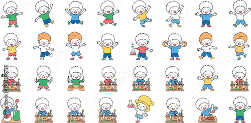 Cute School Kids Character Collection Vector with Boys and Girls Studying, Playing, Learning, and Classroom Activities