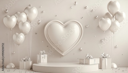 Elegant white stage setup features heart shaped balloons and gift boxes for a romantic celebration