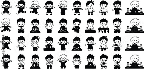 Cute School Kids Character Collection Vector with Boys and Girls Studying, Playing, Learning, and Classroom Activities