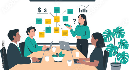 Business Team Meeting Illustration with Diverse Professionals Analyzing Data Charts and Strategy Planning