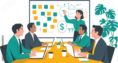 Business Team Meeting Illustration with Diverse Professionals Analyzing Data Charts and Strategy Planning
