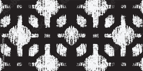 Black and white abstract distressed pattern with symmetrical inked texture. Grunge decorative background ideal for posters, textiles, overlays, and modern graphic design.