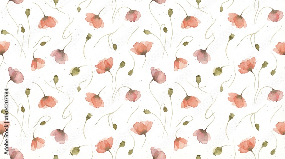 Fototapeta premium Watercolor poppy flower seamless pattern, delicate pink and red floral background, hand-painted botanical illustration