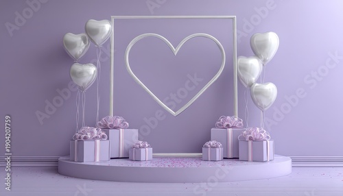 Decorative stage featuring heart shape, silver balloons, and wrapped presents against a monochromatic background