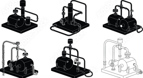 Isometric mechanical pump system illustration, industrial water tanks, piping valves connectors, engineering design schematic layout diagram