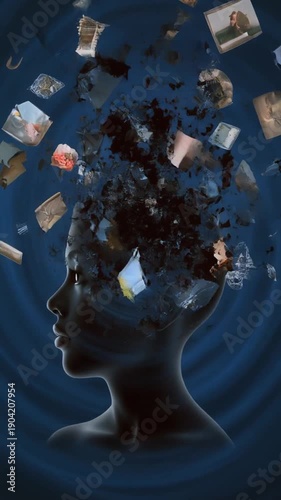 Man with thoughts exploding out of his head against blue background