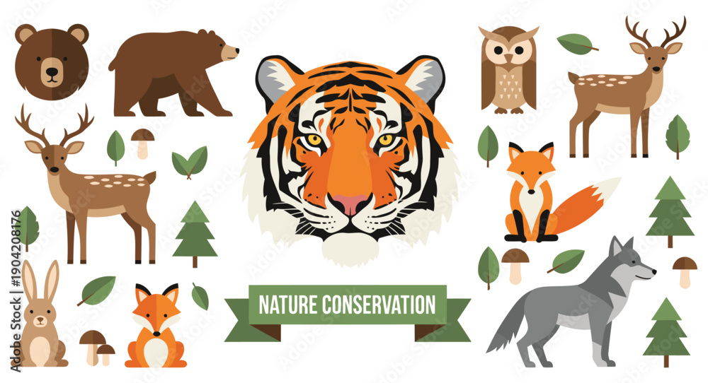 Obraz premium A diverse collection of animals and nature elements for wildlife conservation awareness