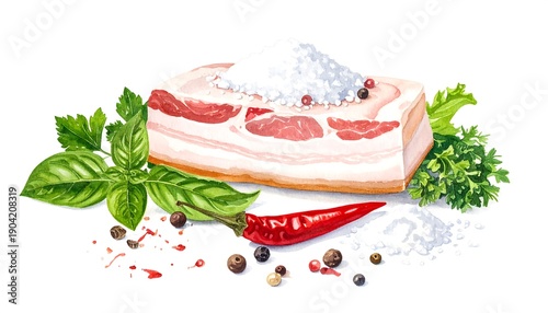 A watercolor painting depicting a slab of cured meat with a generous mound of salt on top, surrounded by herbs