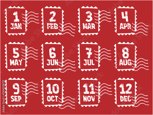 切手と消印の郵便マーク風 月毎のラフなカレンダー見出しセット