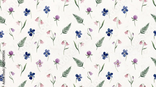 Watercolor floral seamless pattern with blue, pink, and purple wildflowers, green ferns, and leaves on textured white background. Botanical illustration for fabric, wallpaper, packaging.