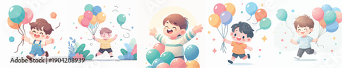 Vector Illustration of a Kids Playing with Balloons