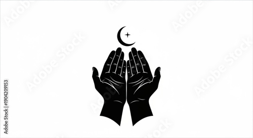 Hands praying with crescent moon above in serene illustration