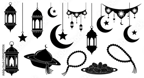 Assorted Islamic symbols and decorative elements including lanterns, crescent moons, stars, prayer beads, and caps in a minimalist black and white illustration.