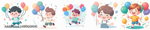 Vector Illustration of a Kids Playing with Balloons