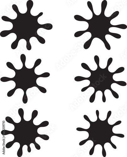 Six black ink splatters on white background