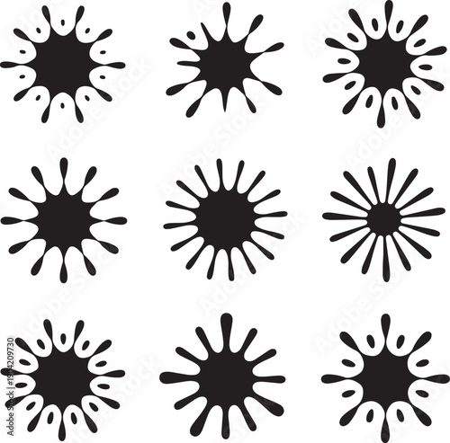 Nine black paint splatter designs on white background