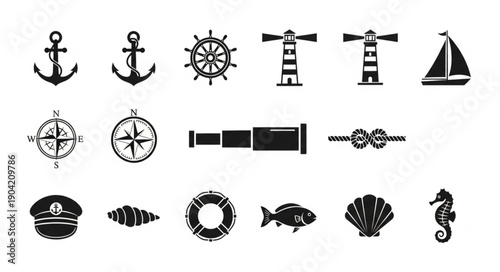 Nautical Icons Collection Vector Illustration.