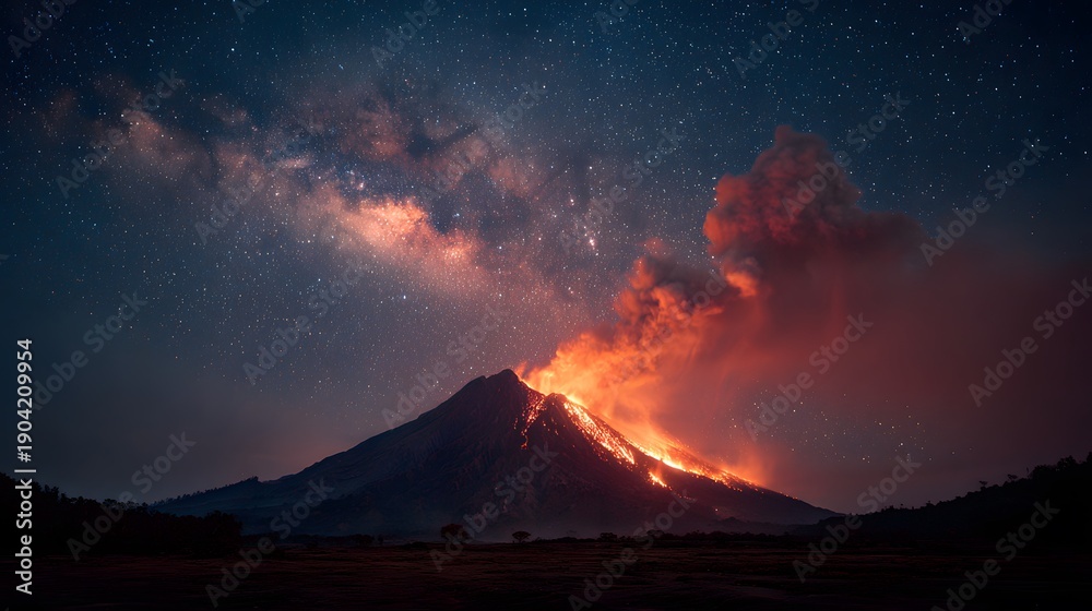 Fototapeta premium Volcano erupts at night with bright orange lava flows cascading down slopes under the Milky Way galaxy in a brilliant starry night sky view.