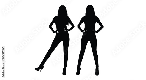 Dynamic pair of female fashion silhouettes showcasing confident posing with hands on hips wearing skinny pants and high heels standing against a clean white background for graphic design use