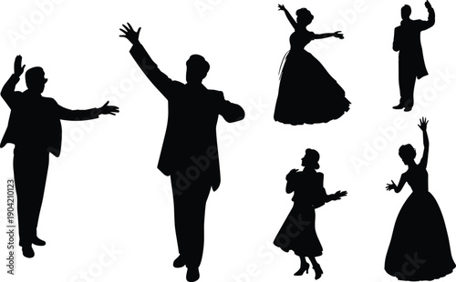 Black silhouettes of vintage actors and opera singers performing on stage, vector set isolated on white background, theater performance (18 words)