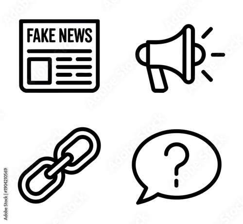 A black and white illustration of fake news and misinformation symbols